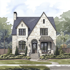 The illustration depicts a two-story house in a style that blends elements of French country and modern farmhouse aesthetics. The house is white stone, accented with dark gray roofing, window frames, 