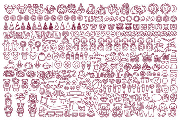vector Flat baby shower graphics concept for boy and girl. Cute cartoon character design elements. Festive objects collection. Black and white outline illustration. Line patterns set