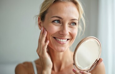 Happy middle aged woman looks at mirror touching her face. Skin care treatment for dry skin antiaging beauty products advertising, mature female enjoy healthy complexion.