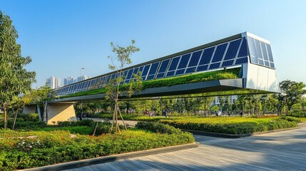 Fototapeta premium Modern Eco-Friendly Bridge with Solar Panels and Greenery in City