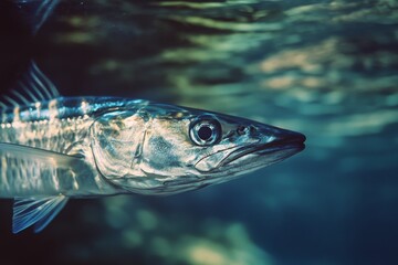 Fototapeta premium A sleek barracuda glides gracefully underwater, its sharp features highlighted in a serene marine setting.