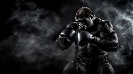Muscular gorilla in boxing stance, smoky background.