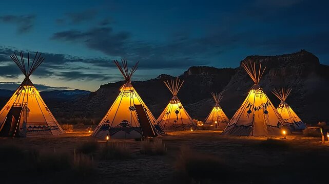 Illuminated tipis at dusk, showcasing traditional Native American architecture and culture.
