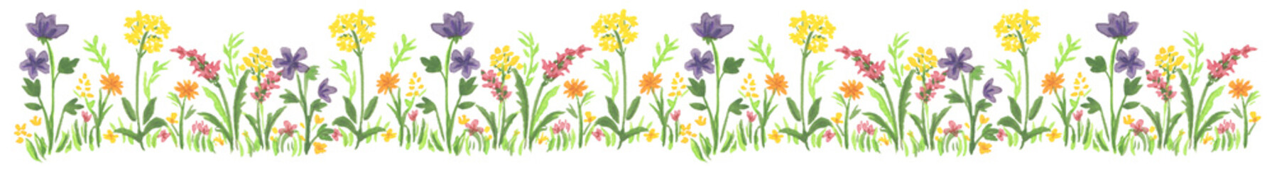 水彩絵の具で描いた、お花畑