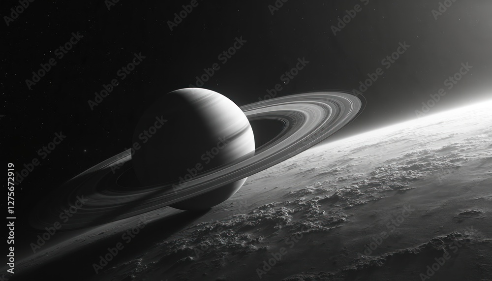 Aufkleber saturn planet rings cast shadow on surface. night sky, space design. astronomy, cosmic illustration.