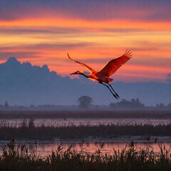 Obraz premium Fiery neon-orange crane soaring above glowing marshes, intense sunset mist with radiant clouds, slightly close-up