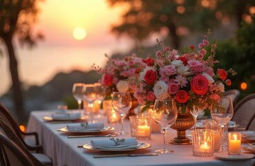 Festive decorated wedding table setting with flowers at summer sunset. Romantic event with wine glasses, candles. Luxury party dinner arrangement. Lovely friendly vibe on greek island.