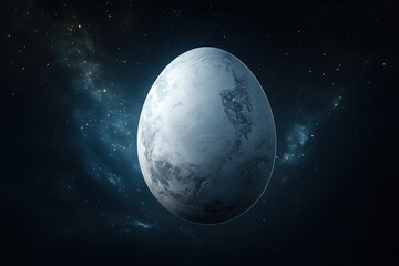 Fototapeta premium Giant egg-shaped planet in space with stars and galaxy in background. Science fiction and cosmic exploration concept