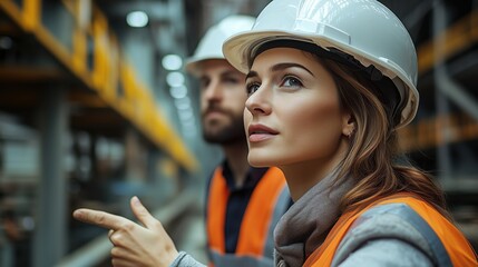 Professional Engineers in Safety Gear Discussing Manufacturing Processes in Modern Factory Environment
