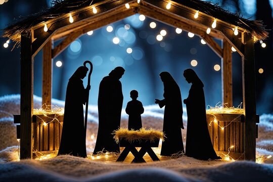 Nativity Scene Silhouette of Holy Family in Rustic Stable with Sparkling Lights