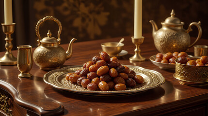 Fototapeta premium Luxurious Ramadan Table with Decorative Tray of Dates, Ornate Teapot, and Golden Accents