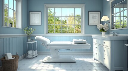 Light-filled spa room with massage table, perfect for relaxation, tranquil interior design, ideal for advertising or showcasing spa services