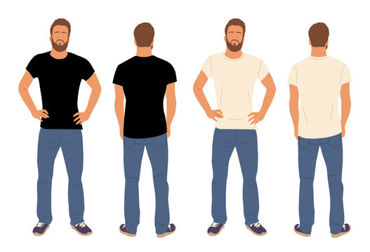 Casual man character standing in different poses front, rear, back view. Handsome bearded guy in white and black t-shirt, blue jeans, sneakers. Full body cartoon man Tshirt mockup vector isolated.