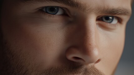 Naklejka premium Close-up of man's blue eyes with intense gaze and facial details in soft light. Emotion and human connection