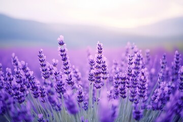 Obraz premium A field of lavender blooms stretches across the horizon, bathed in soft light; a serene expanse of purple and tranquility under a pastel sky.