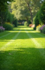 Perfectly trimmed green lawn with geometric mowing pattern in garden. Manicured grass, bushes, flowers in park background. Well maintained fresh yard. Serene peaceful place.