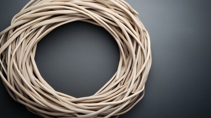 Round twisted wicker wreath on dark background. Handmade craft, rustic home decoration, holiday ornament