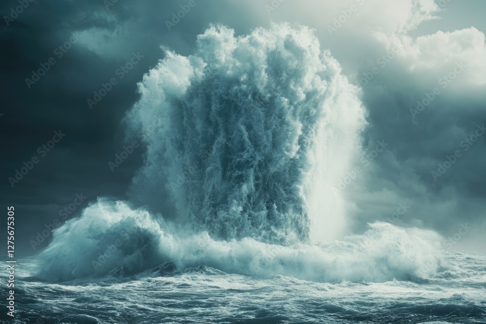 Aufkleber A colossal wave crashes dramatically against a rocky outcrop in a tempestuous ocean, under a brooding sky.