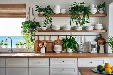 Scandinavian Inspired Coastal Kitchen Counter with White Utensils and Vibrant Green Plants