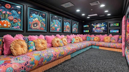 Luxurious, themed seating area with framed art, ideal for entertainment