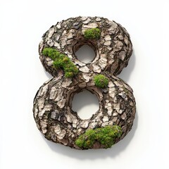 Number 8 made of rough textured tree bark with moss patches isolated on a clean white background