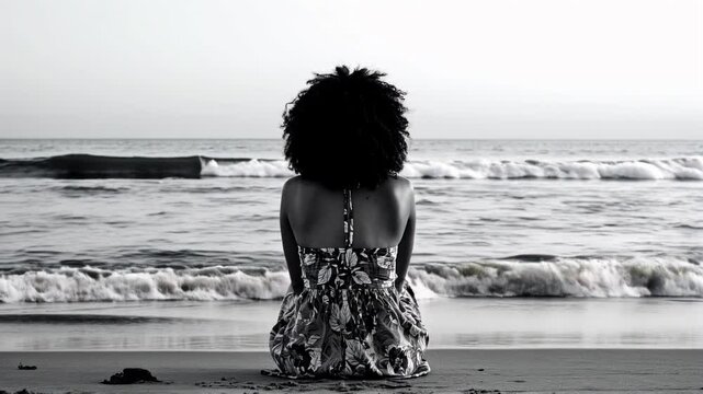 Woman with perm hair style sitting on the beach, gazing at the ocean waves during sunset, creating a serene atmosphere