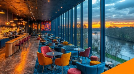 Modern bar with river views, vibrant interior, business use