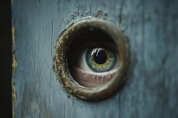 A striking blue eye peeks through a weathered hole in wood, symbolizing curiosity and intrigue.