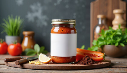 A sauce jar with a blank label, surrounded by fresh tomatoes, herbs, and a wooden background, creating a natural and appetizing branding mockup.