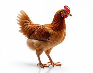 Fototapeta premium Young brown hen isolated on white. Chicken studio shot for poultry farming, organic eggs production, Easter holiday. Livestock bird, close-up feathers for animal husbandry.