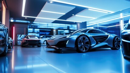 Obraz premium Car dealership presenting high-tech futuristic cars in a modern showroom. Featuring innovation and design