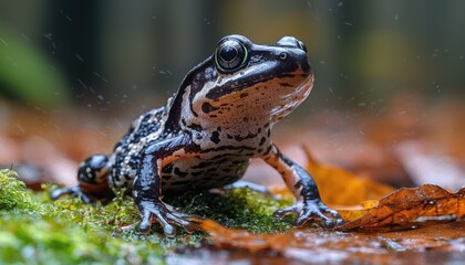 Fototapeta premium A speckled frog sits on mossy ground amidst autumn leaves