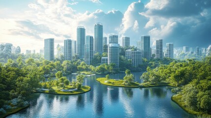 Fototapeta premium Serene Urban Landscape with Futuristic Skyscrapers Surrounded by Lush Greenery and a Reflective Water Body