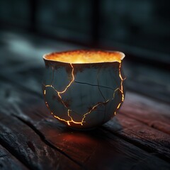 A ceramic vessel shows cracks emitting a warm glow from within, creating a striking visual contrast against the dark background. The atmosphere is mysterious and intriguing
