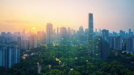 Fototapeta premium Futuristic Cityscape with Digital Patterns Over Urban Skyline at Sunset