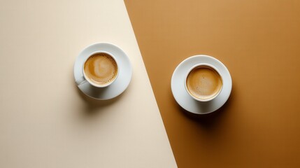 Two Exquisite Espresso Coffee Cups on a Dual-Tone Background