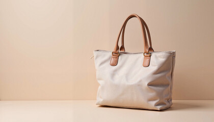 A stylish canvas handbag with leather straps, displayed on a neutral beige background. This mockup is perfect for showcasing branding concepts, sustainable fashion products, or promotional materials