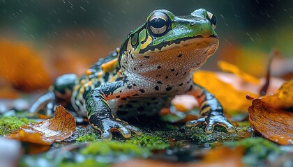 Fototapeta premium Colorful Frog In Autumn Rain Amidst Fallen Leaves