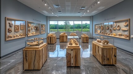 Modern museum exhibit showcasing handcrafted wooden artifacts with a view