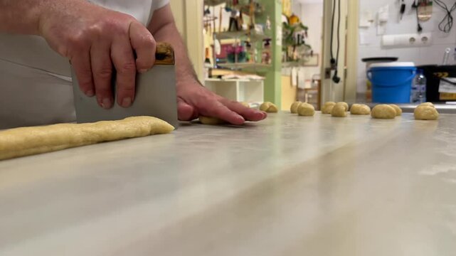 Hands of a caucasian pastry chef preparing handmade dough on a white color marble table inside his traditional workshop. 4K