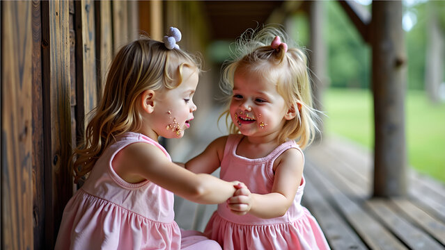 Two adorable blonde toddler twin sisters playing and laughing together with faces covered in crumbs