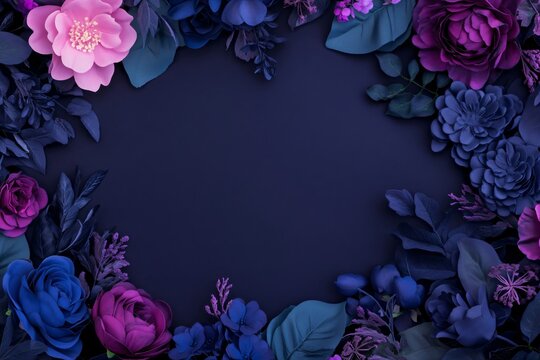 Dark floral frame with blue and purple roses on navy background with copy space. Elegant border for wedding invitation, Valentine's Day, Mother's Day, funeral or romantic events