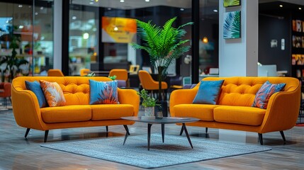 Modern orange sofas, coffee table,  living room interior.  Possible use Interior design showroom