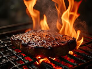 Juicy Steak Sizzling on a Grill with Flames
