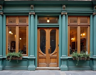 Vintage wooden door and window with teal facade. Facades shop front of old historic building in town. Ornate decorative details of rustic antique weathered entrance.