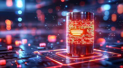Futuristic Data Storage Device Glowing with Red Lights against Digital Background