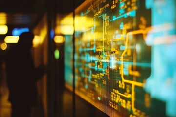 A silhouette interacts with an illuminated touchscreen display, highlighting the fusion of human and technology.