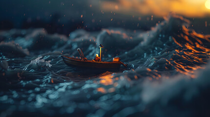 Small boat in stormy sea rescuing person from water, spotlight illuminates rescue action, waves crashing, urgent and relieved reaching for help.