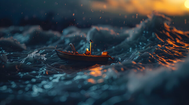 Small boat in stormy sea rescuing person from water, spotlight illuminates rescue action, waves crashing, urgent and relieved reaching for help.