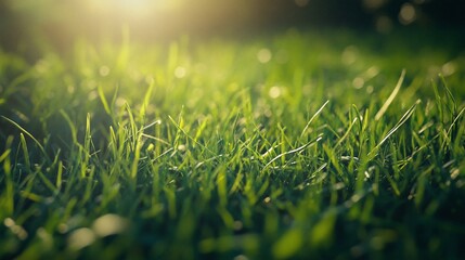 Fototapeta premium Close-up of vibrant green grass illuminated by warm sunlight.